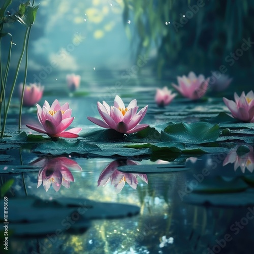 A tranquil garden pond surrounded by blooming water lilies, with soft reflections of the flowers on the still water