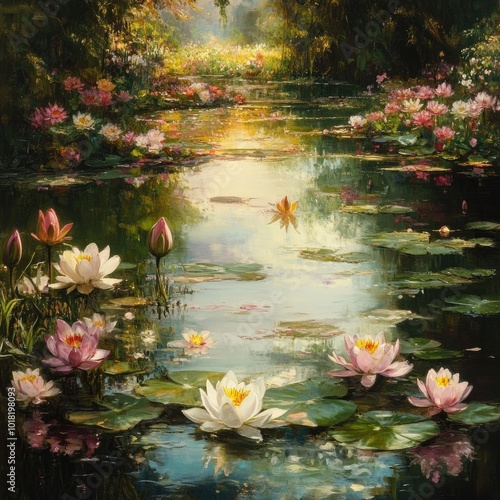A tranquil garden pond surrounded by blooming water lilies, with soft reflections of the flowers on the still water