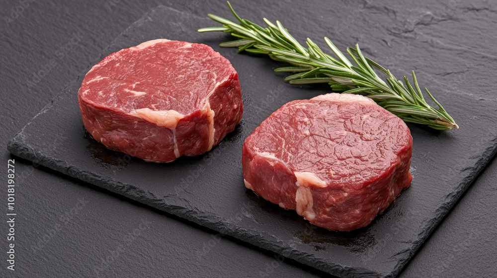 Fresh beef cuts on slate board with rosemary, perfect for grilling or cooking. rich red color and marbling indicate high quality, ideal for delicious meal Fresh beef cuts on slate board with rosemary, perfect for grilling or cooking. rich red color and marbling indicate high quality, ideal for delicious meal