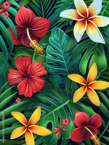 This collection features large tropical leaves intertwined with striking flowers in bright colors, embodying a lively natural setting. Generative AI