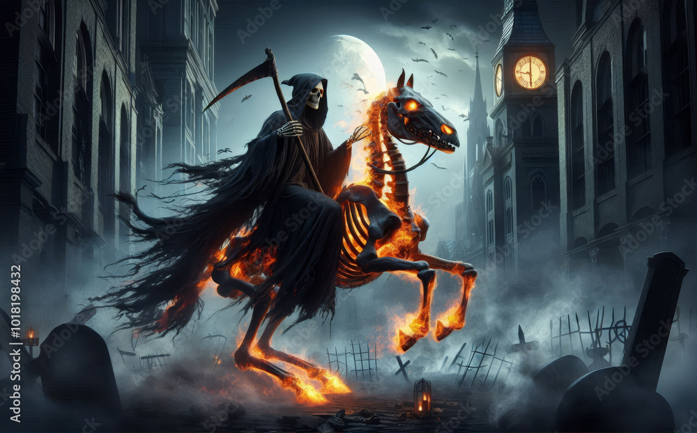 Fototapeta premium The Grim Reaper rides a skeletal horse engulfed in flames, galloping through a dark, gothic city under a full moon. This image symbolizes death, mystery, the afterlife, and the unknown.