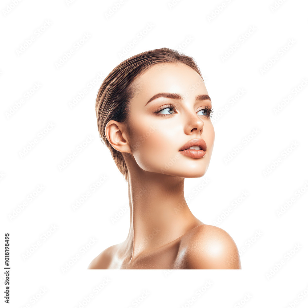 Beautiful Woman with Clear Skin and Natural Makeup Looking Up Beautiful Woman with Clear Skin and Natural Makeup Looking Up