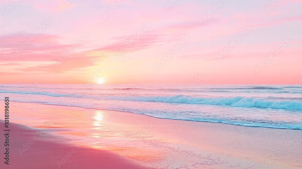 Fototapeta premium A vibrant pink sunset casting a soft glow over a serene beach, with gentle waves lapping against the shore.