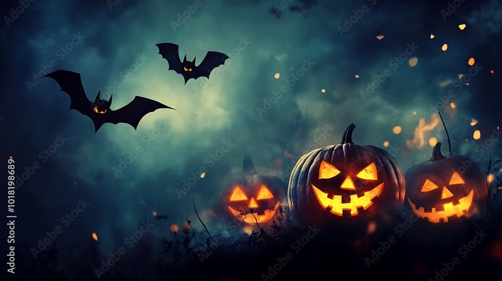 Spooky Halloween Night With Glowing Jack-o'-Lanterns and Bats Spooky Halloween Night With Glowing Jack-o'-Lanterns and Bats