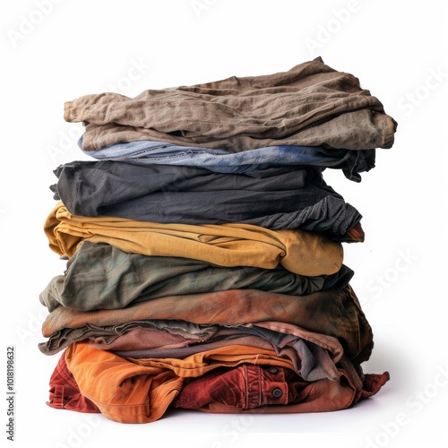 Laundry pile, dirty clothes heap isolated, dirty laundry clothing pile on white background