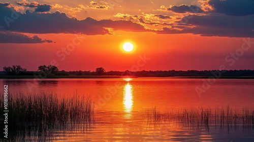 A fiery sunset paints the sky with vibrant colors, casting a warm glow over a calm lake. The sun sets behind a silhouette of trees, reflecting on the still water.