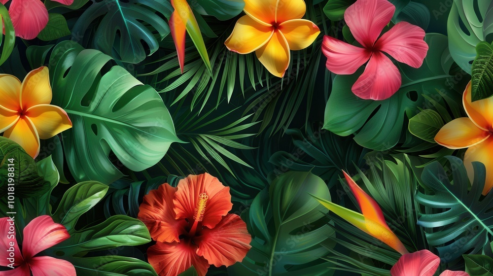 This captivating display features large, tropical leaves interspersed with bright, vibrant flowers creating a lush, exotic atmosphere. Generative AI This captivating display features large, tropical leaves interspersed with bright, vibrant flowers creating a lush, exotic atmosphere. Generative AI