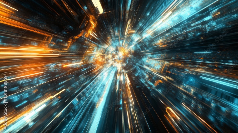 Abstract digital art with blue and orange light streaks converging to a central point Abstract digital art with blue and orange light streaks converging to a central point