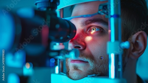 Close-up of a man undergoing an eye examination with modern optical equipment. photo