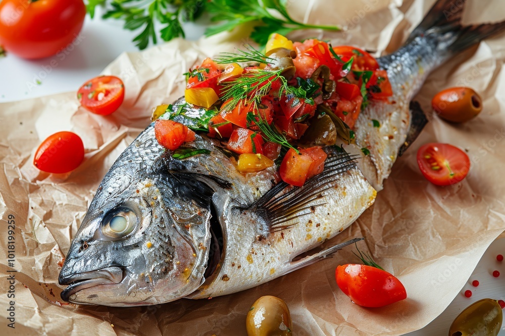 Dorado Baked with Tomato Salsa, Greens and Olives, Whole Grilled Sea Bream Fish on Rustic Paper Dorado Baked with Tomato Salsa, Greens and Olives, Whole Grilled Sea Bream Fish on Rustic Paper