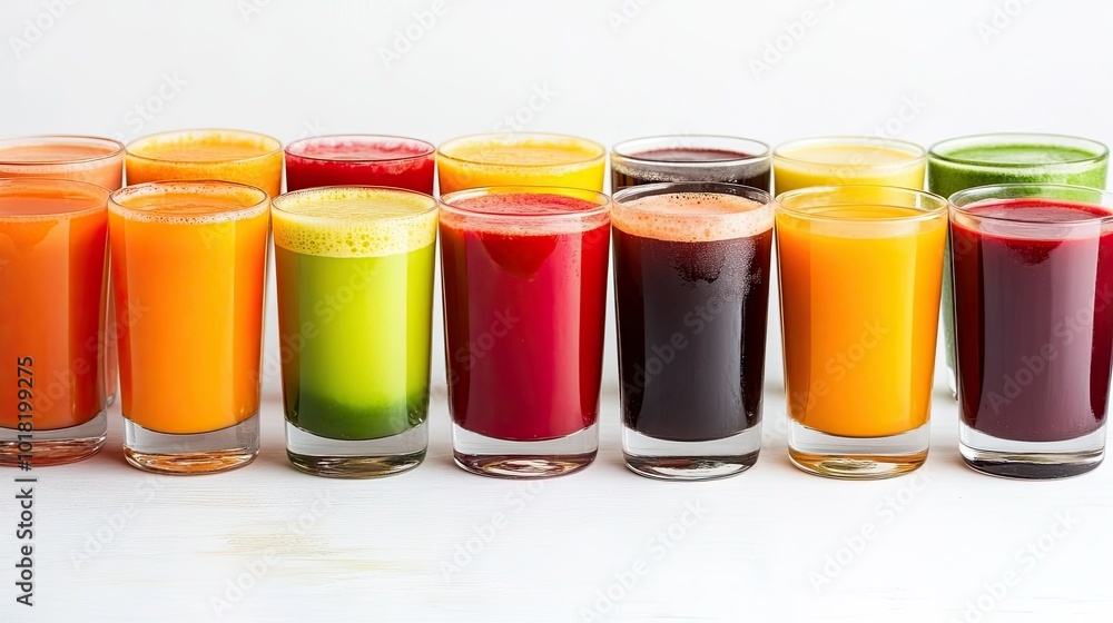 A variety of colorful fruit and vegetable juices in glasses, displayed neatly on a white background. A variety of colorful fruit and vegetable juices in glasses, displayed neatly on a white background.