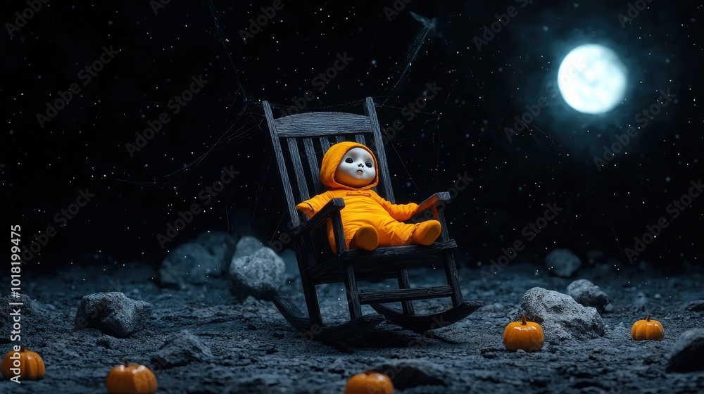 Fototapeta premium A child doll in an orange outfit relaxing on a rocking chair under a moonlit sky.