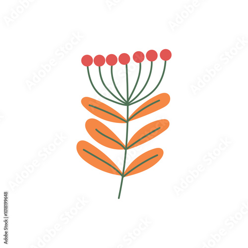 Abstract branch with orange leaves and red berries as a symbol of autumn foliage isolated on white background. Hand drawn vector flat colored illustration. Rowan tree concept, icon design