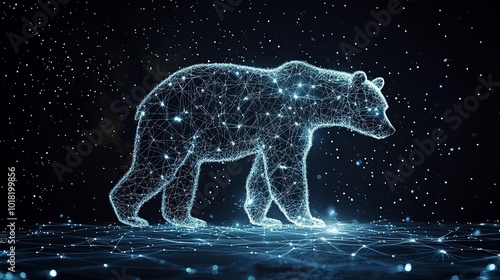 A digital design of a bear composed of interconnected lights against a stellar backdrop, symbolizing the intersection of technology and nature in a futuristic way. photo