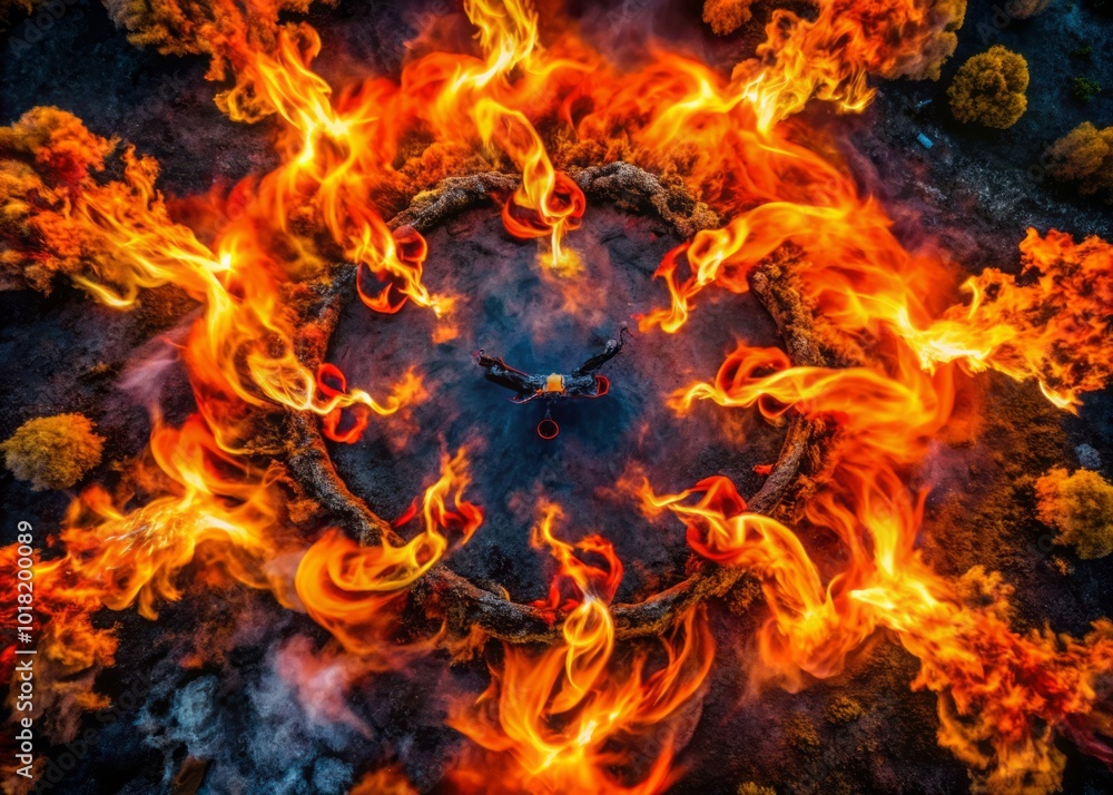 Stunning Aerial Drone Photography of Flames in Motion - Captivating Fire Patterns and Vibrant Colors for Nature and Abstract Art Enthusiasts