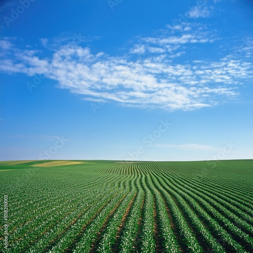 A vast expanse of farmland with neat rows of green crops, stretching toward the horizon under a bright blue sky