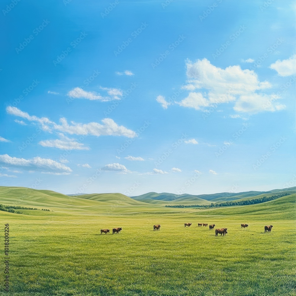 A vast expanse of green pasture with cows grazing under a bright blue sky, surrounded by distant rolling hills A vast expanse of green pasture with cows grazing under a bright blue sky, surrounded by distant rolling hills