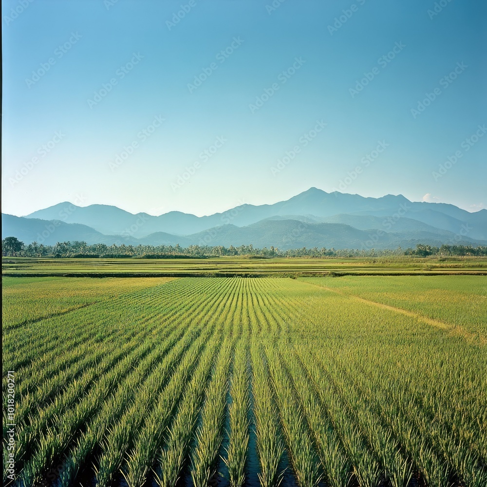 A vast expanse of rice fields with neat rows, bordered by distant mountains under a clear blue sky A vast expanse of rice fields with neat rows, bordered by distant mountains under a clear blue sky
