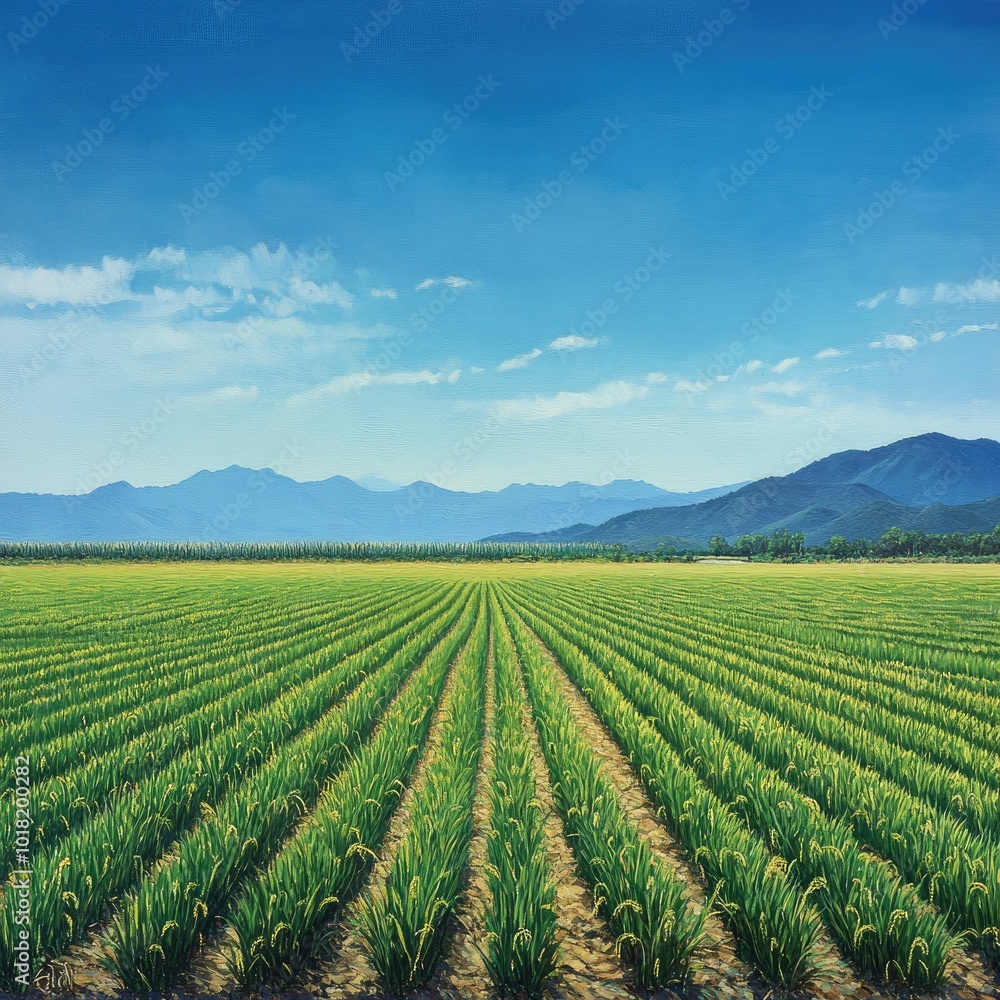 A vast expanse of rice fields with neat rows, bordered by distant mountains under a clear blue sky A vast expanse of rice fields with neat rows, bordered by distant mountains under a clear blue sky