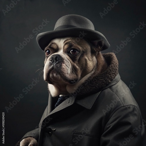 A dog in the image of an English gentleman in a hat, coat and with