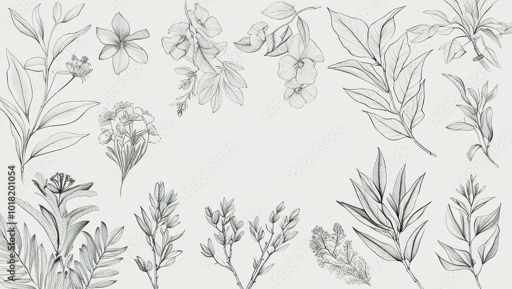 Intricate hand-drawn rose silhouettes in a delicate botanical art set, beautifully set against a white backdrop Intricate hand-drawn rose silhouettes in a delicate botanical art set, beautifully set against a white backdrop