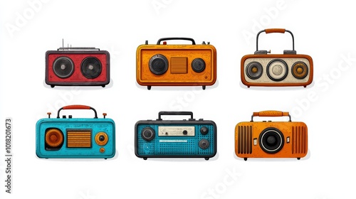 Collection of colorful vintage radios on a white isolated background.