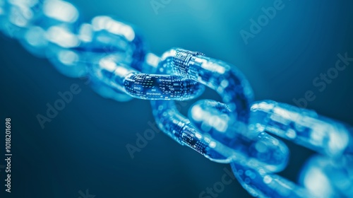 A close-up of technological chains in a gradient of blue tones, suggesting strength, connection, and modernity in the digital era.