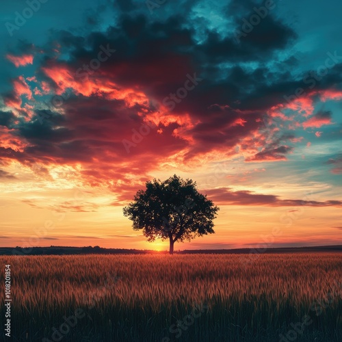 A vast open field with tall grasses and a lone tree standing against a backdrop of a vibrant sunset