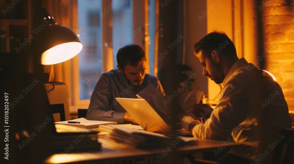 Two men immersed in work at a warmly lit desk in a cozy office setting, as evening hues create an inviting ambiance. Two men immersed in work at a warmly lit desk in a cozy office setting, as evening hues create an inviting ambiance.