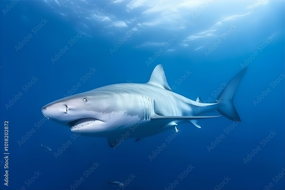 Naklejka premium A grey shark swims through the blue waters of a vibrant Caribbean reef, showcasing its sharp teeth and predatory grace in the underwater ocean environment