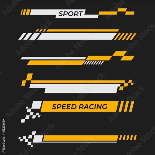 Yellow and black racing sports stripes sticker set, racing decal automotive stripes sticker. sports car and motor sticker stripes. clip art Racing speed lines.