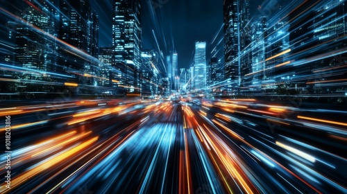 A city street at night with blurred lights creating a sense of speed and movement.