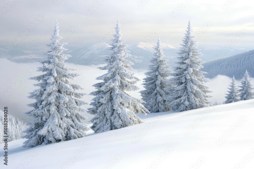 The scene depicts a mountain landscape in the winter with snow and trees on the hill in the fog. The picture is white with copy space. It is a high-quality photo. The scene depicts a mountain landscape in the winter with snow and trees on the hill in the fog. The picture is white with copy space. It is a high-quality photo.