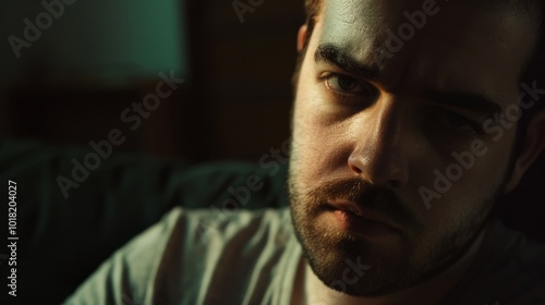 A close-up shot of a man in dim light, showing a somber and reflective demeanor, accentuating thoughtful contemplation.