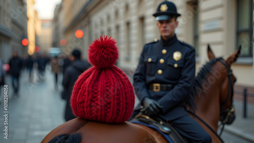 A Peaceful Moment with a Mounted Police Officer and a Charming Red Knitted Hat in the City