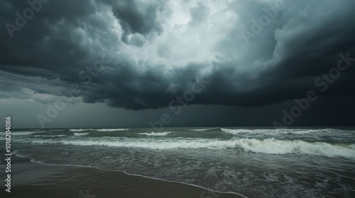 Raging storm over the sea with giant waves and dark threatening clouds