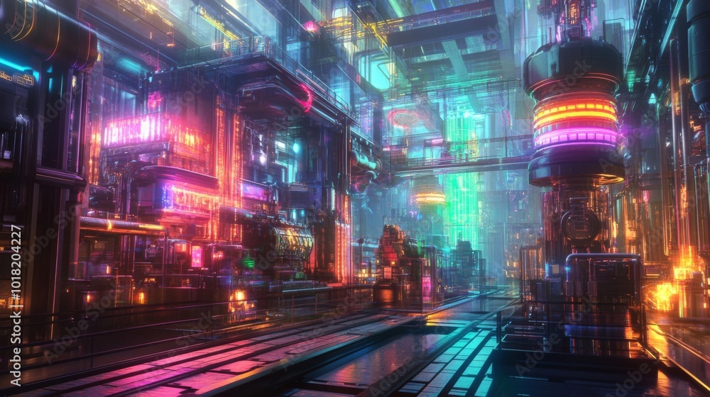 Neon-Lit Futuristic Cityscape with Glowing Towers and Interconnected Pathways Neon-Lit Futuristic Cityscape with Glowing Towers and Interconnected Pathways