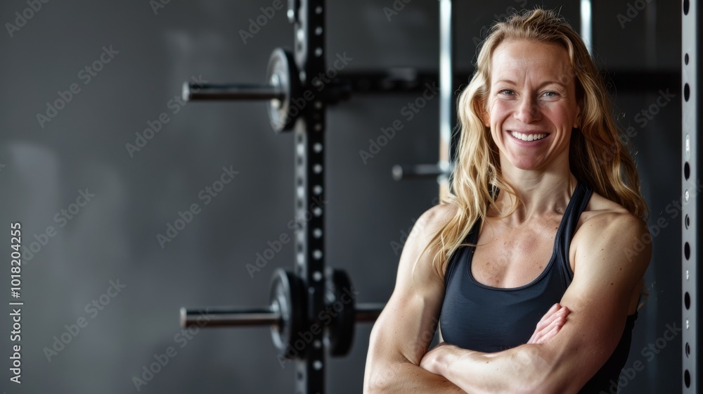 A smiling woman poses confidently in a gym, her toned physique testament to dedication and strength training. A smiling woman poses confidently in a gym, her toned physique testament to dedication and strength training.