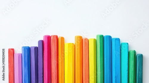 A vibrant display of rainbow-colored chalk sticks arranged in a neat row on a clean white background, evoking creativity