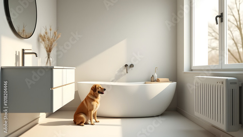 A Serene Retreat: A Clean and Elegant Bathroom with a Loyal Dog Sitting Comfortably Beside the Sink