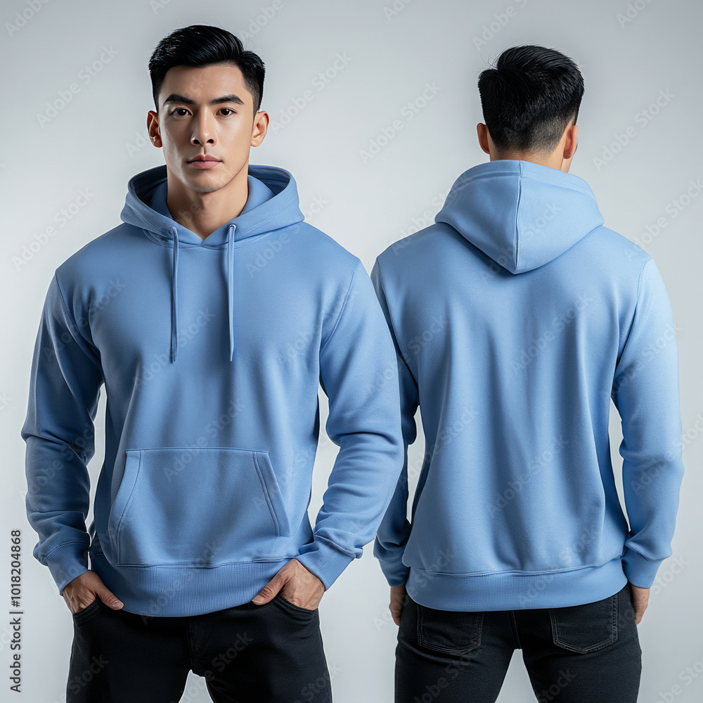mockup blue hoodie worn by an asian man with front and back view of hoodie, product catalog, AI generated images mockup blue hoodie worn by an asian man with front and back view of hoodie, product catalog, AI generated images