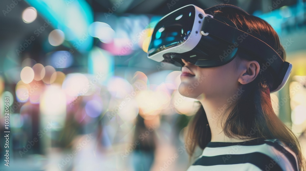 Young woman immersed in virtual reality, wearing a headset in a vibrant, colorful arcade setting with blurred neon lights. Young woman immersed in virtual reality, wearing a headset in a vibrant, colorful arcade setting with blurred neon lights.