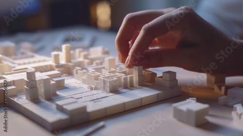 A hand meticulously arranges a miniature cityscape model, bathed in soft light, showcasing architectural creativity and precision in urban design.