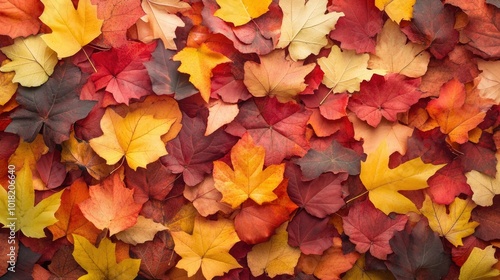 A vibrant pile of fallen autumn leaves in the forest, with rich reds, yellows, and oranges creating a warm, inviting fall scene