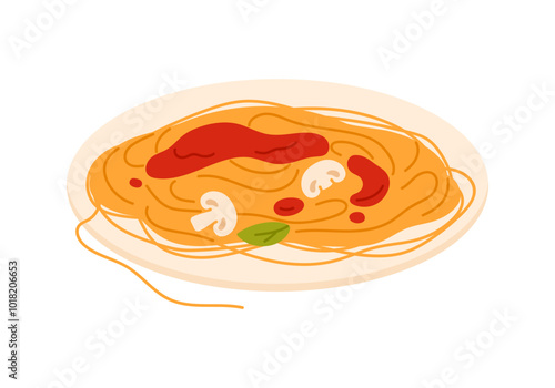 Spaghetti with tomato sauce and mushroom, pasta disappears while eating vector illustration