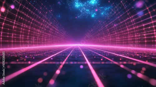 A glowing pink grid tunnel with a sparkling blue sky above