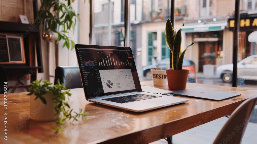 Cozy cafe scene with a laptop displaying analytics, surrounded by warm wooden tones and potted plants, inviting a blend of work and leisure.