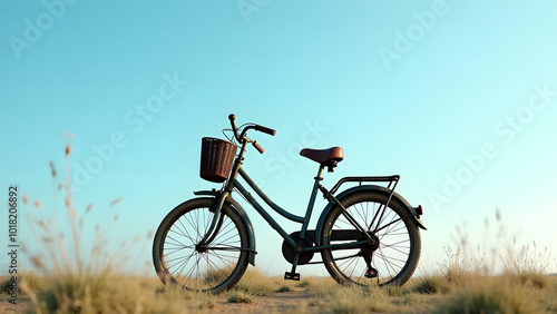 An Old Bike Resting Against a Clear Blue Sky Backdrop Exuding Charm and Nostalgia in a Peaceful Outdoor Setting