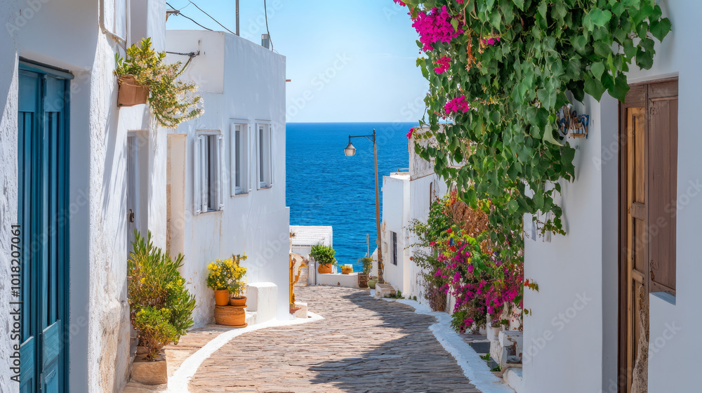 Obraz premium A beautiful coastal village with whitewashed houses, narrow alleys, and views of the blue ocean under a bright, sunny sky