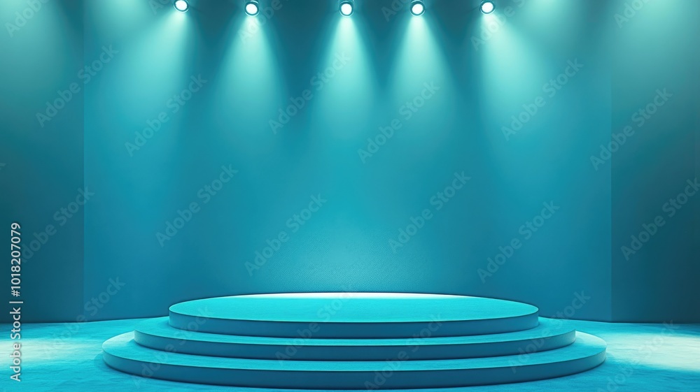 Obraz premium Blue Stage with Spotlights and Circular Platform